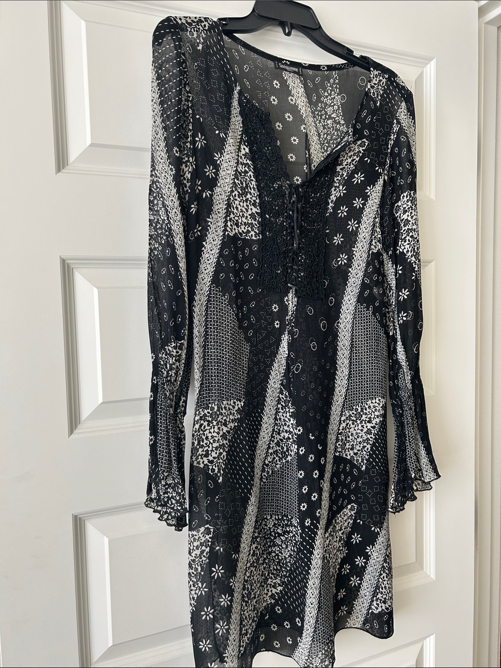 Black & White Patchwork Print Sheer Tunic Dress